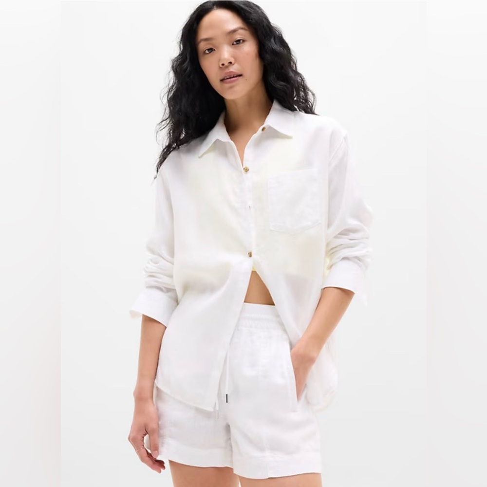 Athleta Retreat Linen Top Button Down Relaxed Effortless Travel Vacation Natural